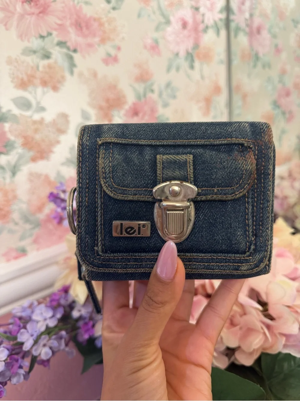 lei Denim Mini Wallet - Dark Blue with Silver Hardware